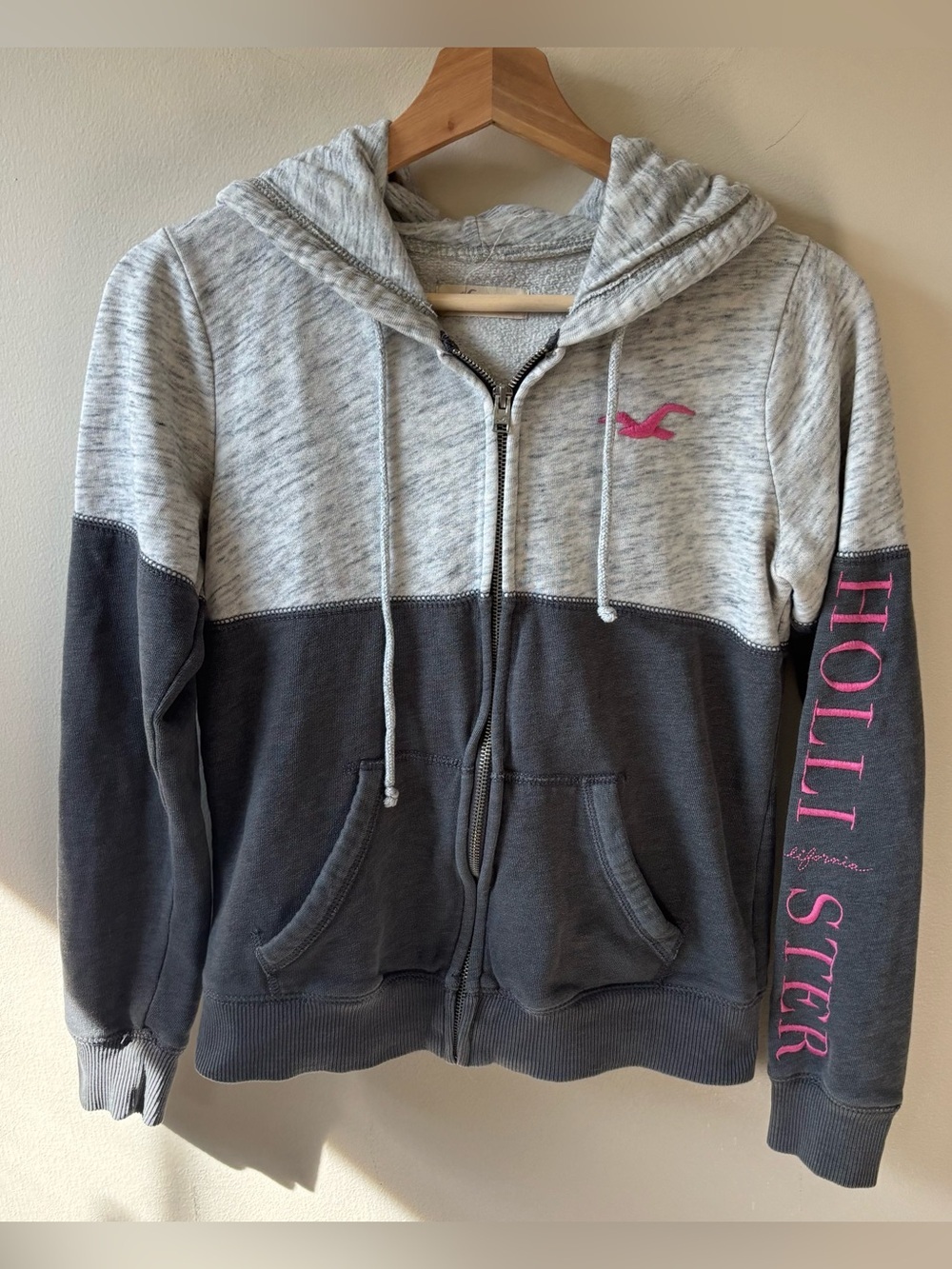 Hollister Two-Tone Gray Zip Hoodie with Pink Logo